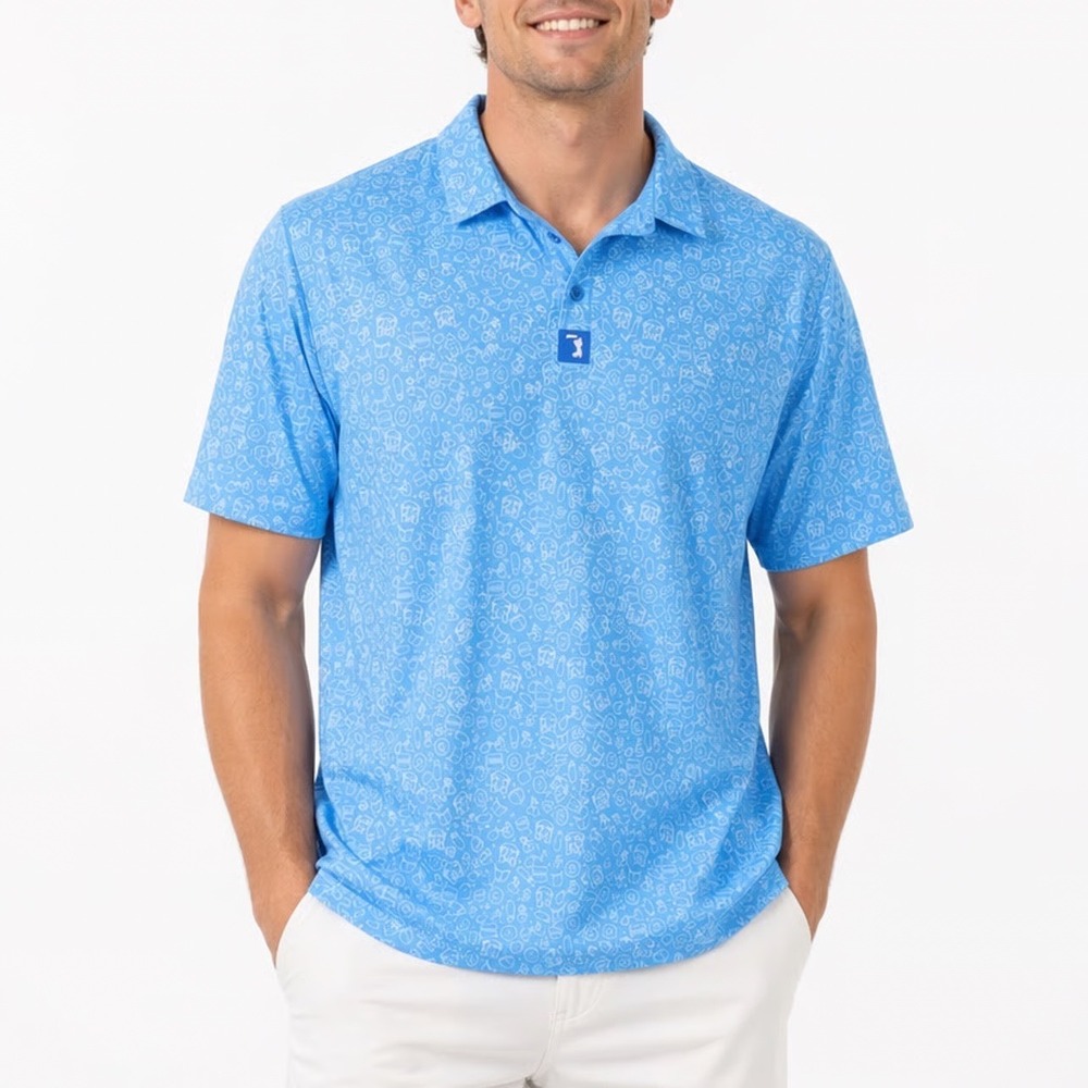 Bogeybros Polo Shirt Mens 2XL Blue Printed Stretch Short Sleeve Golf Tennis